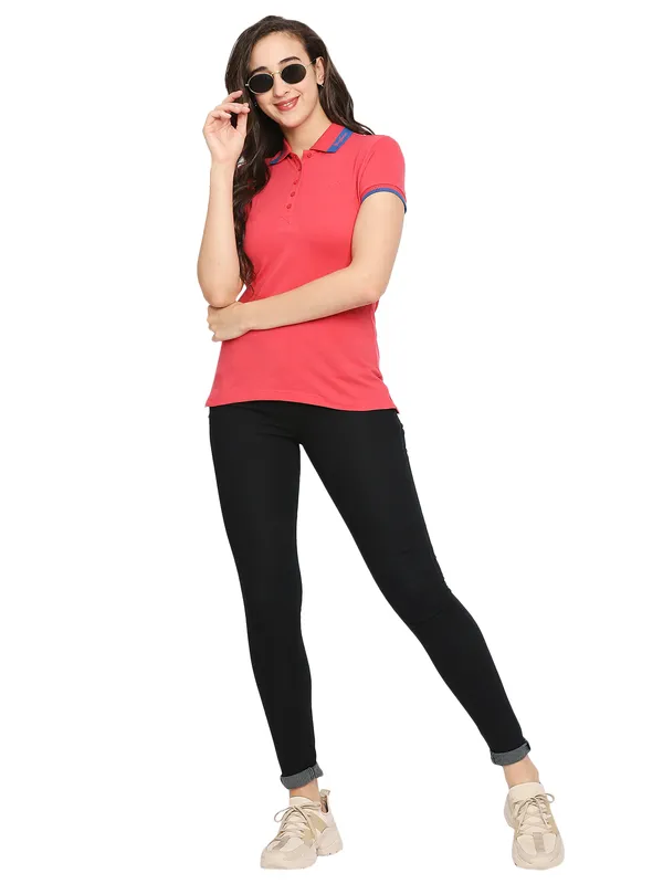 Being Human Semi Fit Women Polo Neck T-Shirts-Geranium