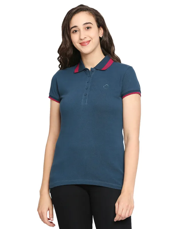 Being Human Semi Fit Women Polo Neck T-Shirts-Moonlight Ocean