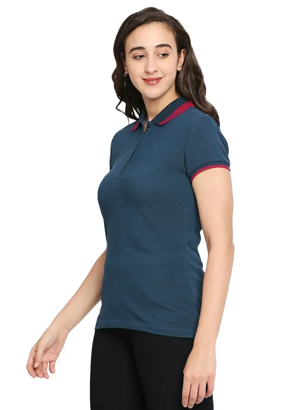 Being Human Semi Fit Women Polo Neck T-Shirts-Moonlight Ocean