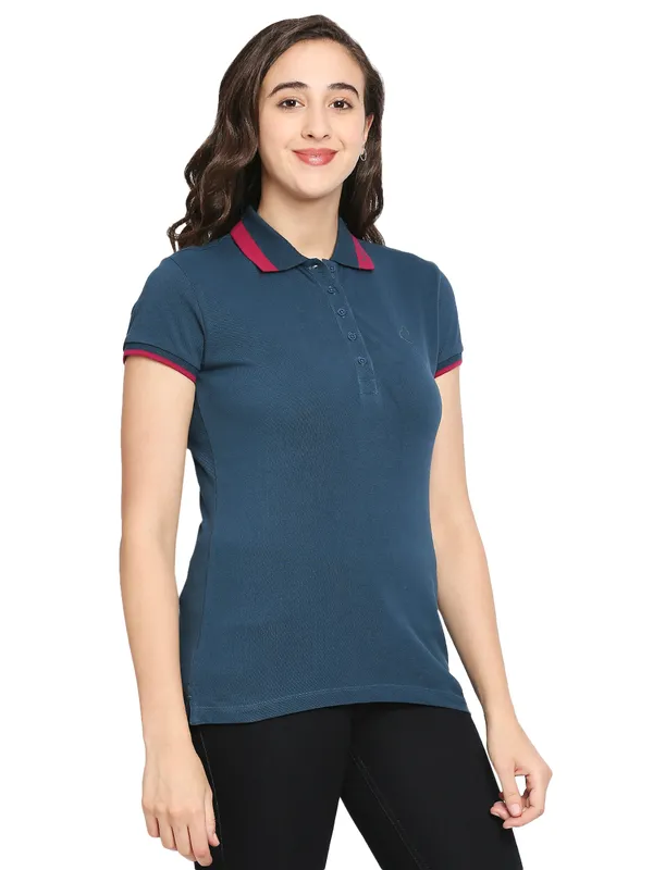 Being Human Semi Fit Women Polo Neck T-Shirts-Moonlight Ocean