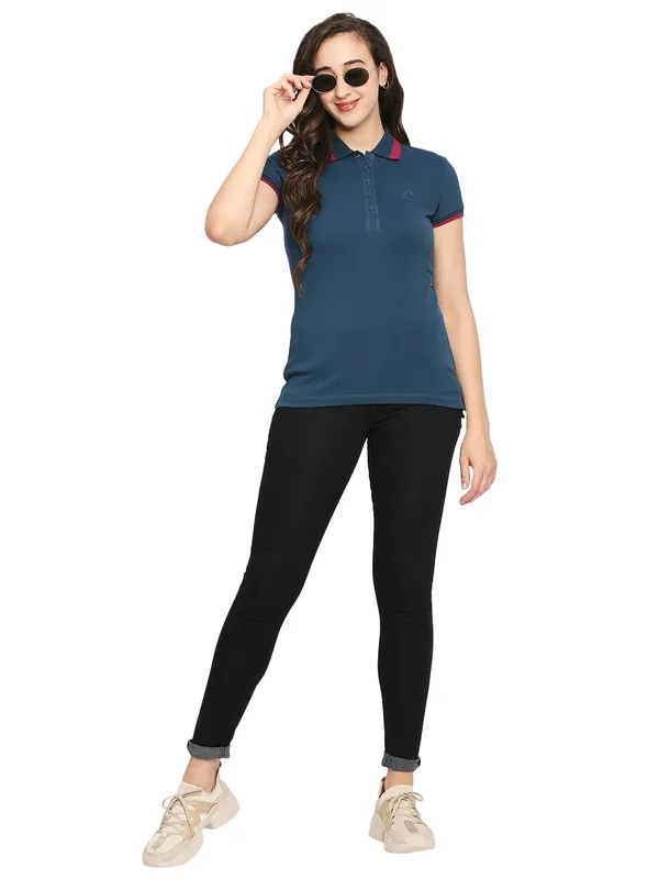 Being Human Semi Fit Women Polo Neck T-Shirts-Moonlight Ocean