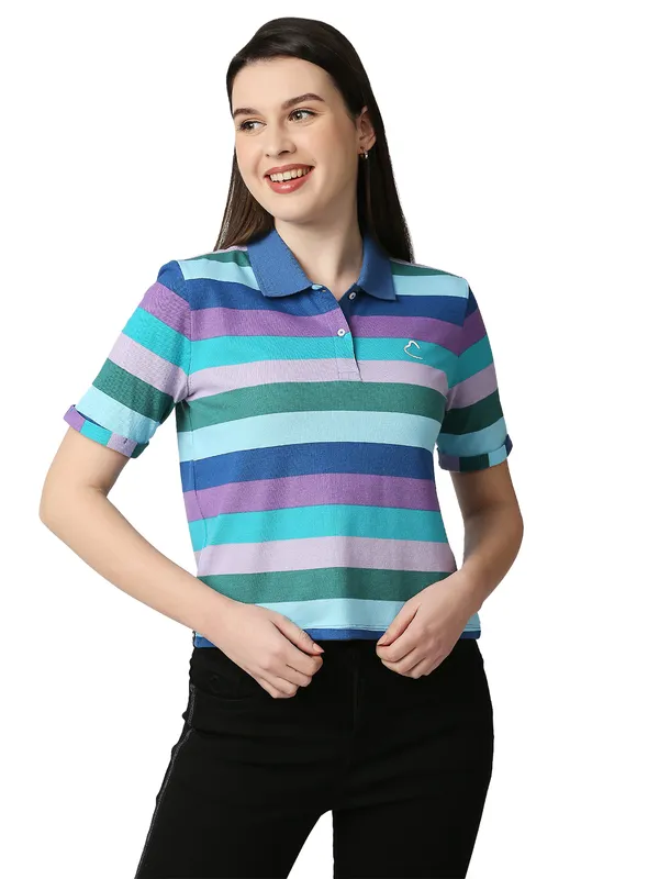 Being Human Clothing Women Crop Boxy Fit Polo Neck T-Shirts-Blue Multi Striper