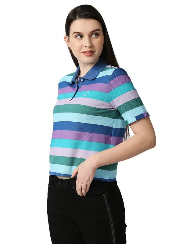 Being Human Clothing Women Crop Boxy Fit Polo Neck T-Shirts-Blue Multi Striper
