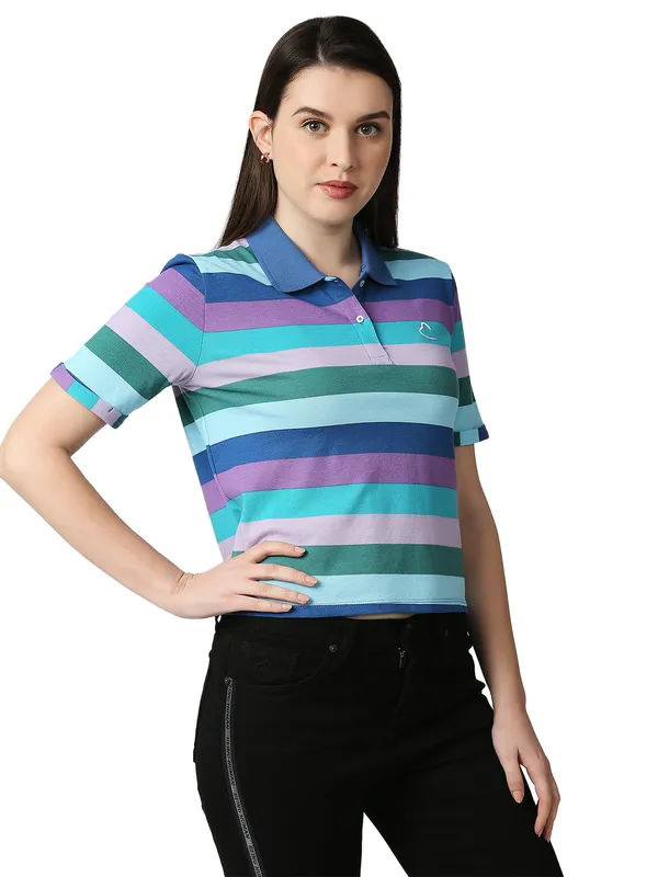 Being Human Clothing Women Crop Boxy Fit Polo Neck T-Shirts-Blue Multi Striper
