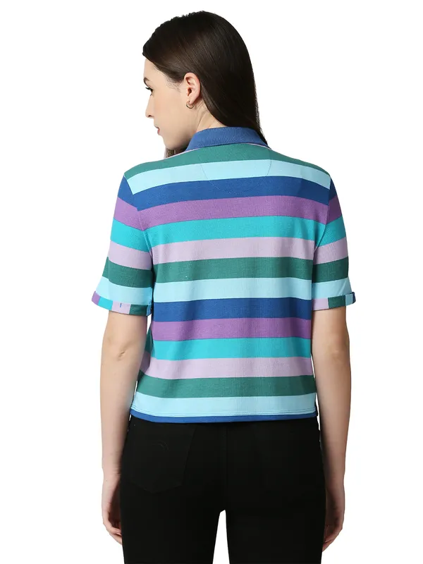 Being Human Clothing Women Crop Boxy Fit Polo Neck T-Shirts-Blue Multi Striper