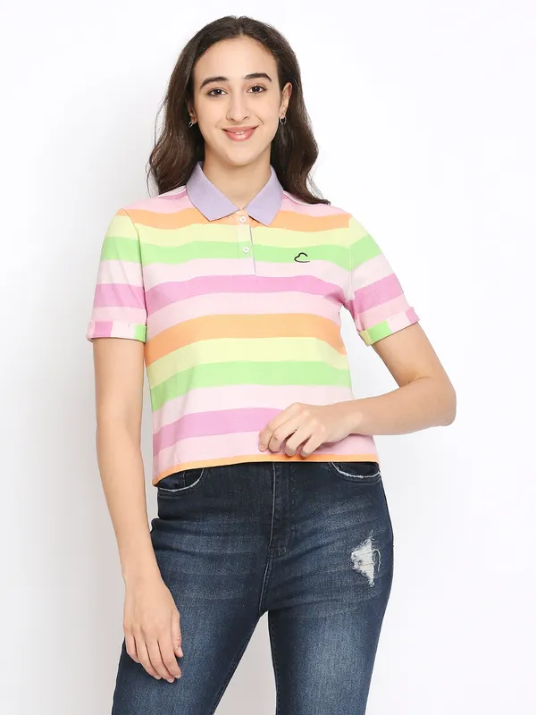 Being Human Clothing Women Crop Boxy Fit Polo Neck T-Shirts-Blue Multi Striper