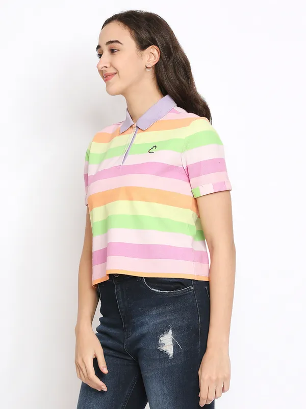 Being Human Clothing Women Crop Boxy Fit Polo Neck T-Shirts-Blue Multi Striper