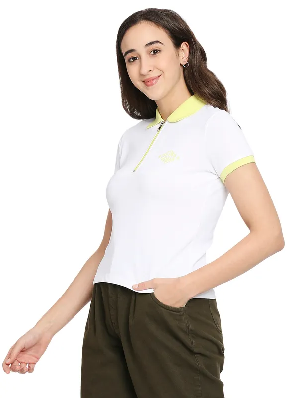 Being Human Crop Slim Fit Women Polo Neck T-Shirts-White