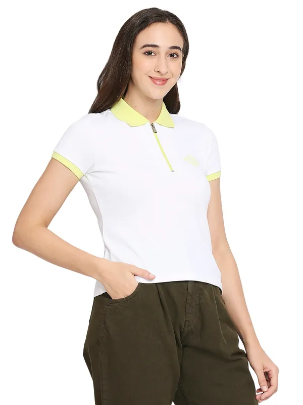 Being Human Crop Slim Fit Women Polo Neck T-Shirts-White