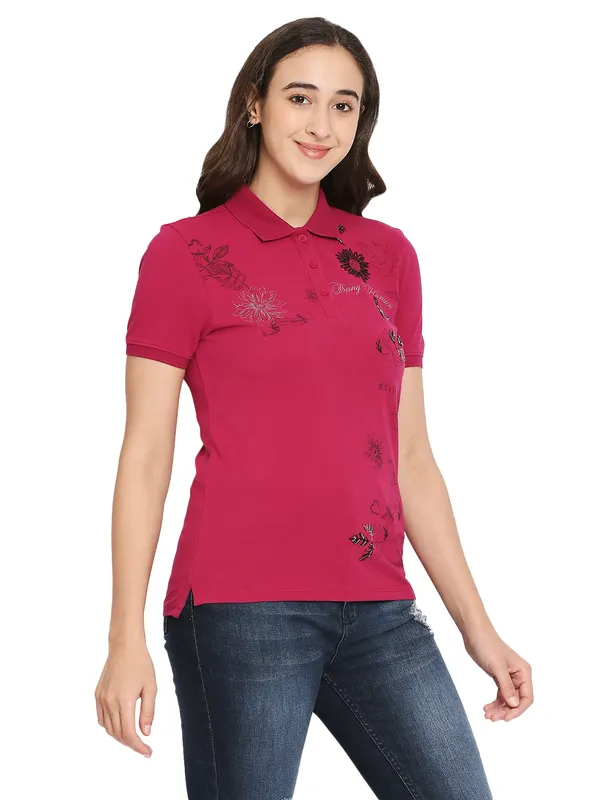 Being Human Semi Fit  Women Polo Neck T-Shirts-Festive Fuchsia