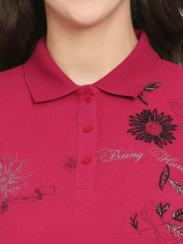 Being Human Semi Fit  Women Polo Neck T-Shirts-Festive Fuchsia