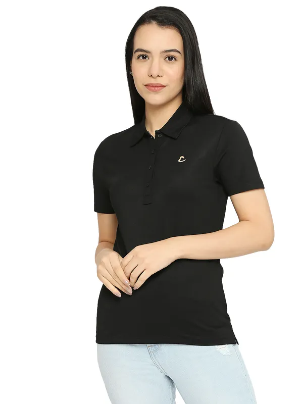 Being Human Clothing Semi Fit Polo Women Polo Neck T-Shirts-Jet Black