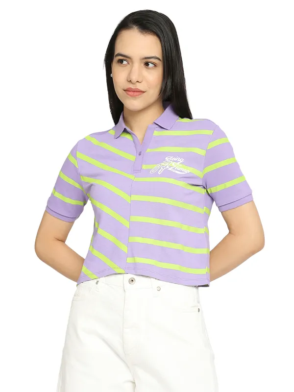 Being Human Clothing Crop Boxy Fit Polo Women Polo Neck T-Shirts-Sand Verbena+Lime Punch
