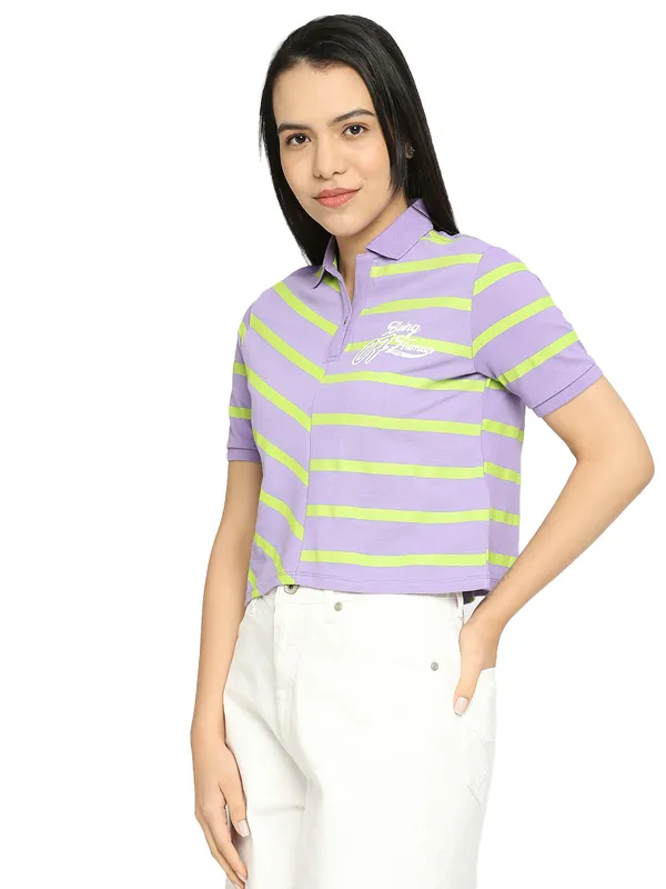 Being Human Clothing Crop Boxy Fit Polo Women Polo Neck T-Shirts-Sand Verbena+Lime Punch