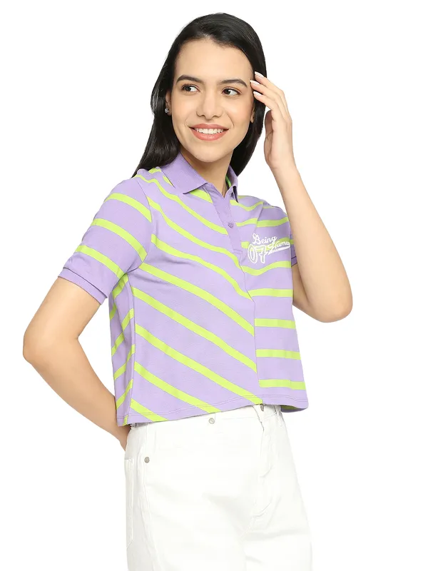 Being Human Clothing Crop Boxy Fit Polo Women Polo Neck T-Shirts-Sand Verbena+Lime Punch