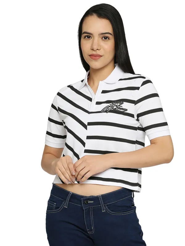 Being Human Clothing Crop Boxy Fit Polo Women Polo Neck T-Shirts-White+Black