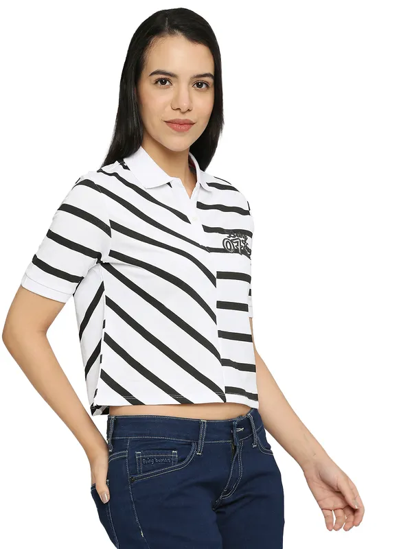 Being Human Clothing Crop Boxy Fit Polo Women Polo Neck T-Shirts-White+Black