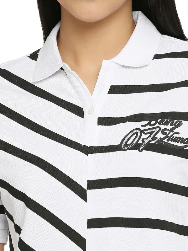 Being Human Clothing Crop Boxy Fit Polo Women Polo Neck T-Shirts-White+Black