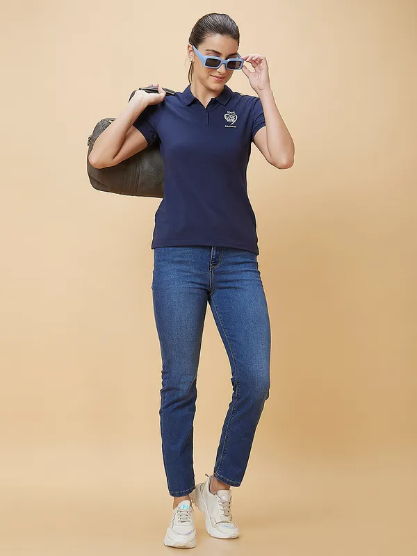 Being Human Clothing Women Regular Fit Polo Neck T-Shirts Navy