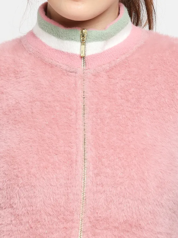 Being Human Semi Fit Women High Neck Sweatshirt-Blush Powder