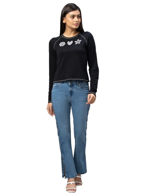 Being Human Clothing  Women Slim Fit Crew Neck Crop T-Shirts-Jet Black