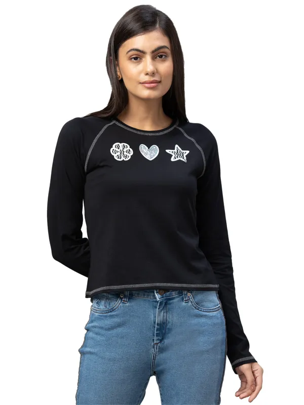 Being Human Clothing  Women Slim Fit Crew Neck Crop T-Shirts-Jet Black