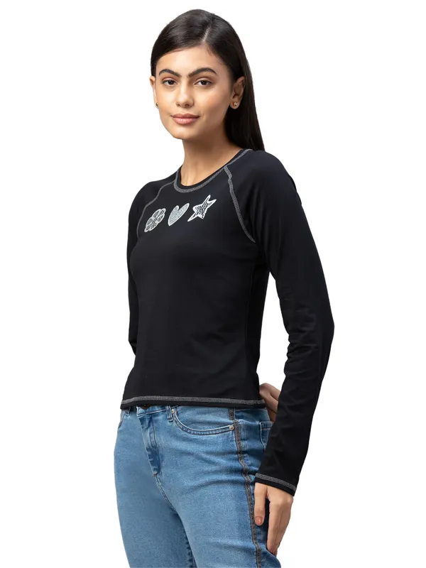 Being Human Clothing  Women Slim Fit Crew Neck Crop T-Shirts-Jet Black