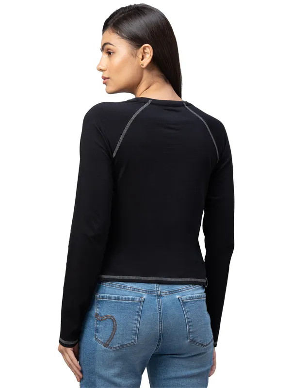 Being Human Clothing  Women Slim Fit Crew Neck Crop T-Shirts-Jet Black
