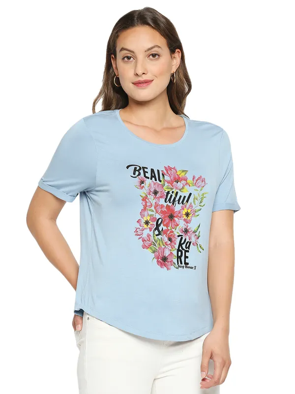 Being Human Boxy Fit  Women Crew Neck T-Shirts-Airy Blue