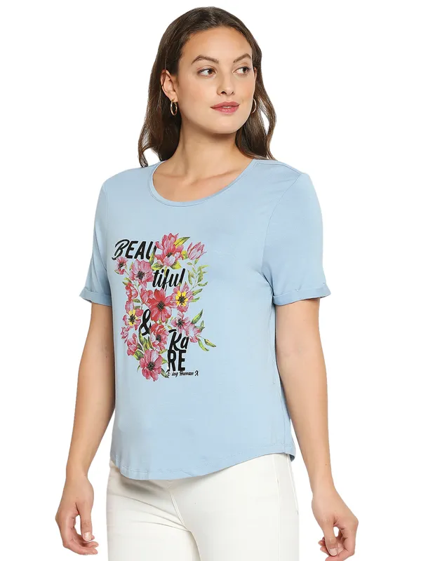 Being Human Boxy Fit  Women Crew Neck T-Shirts-Airy Blue