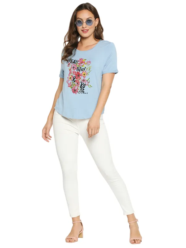 Being Human Boxy Fit  Women Crew Neck T-Shirts-Airy Blue