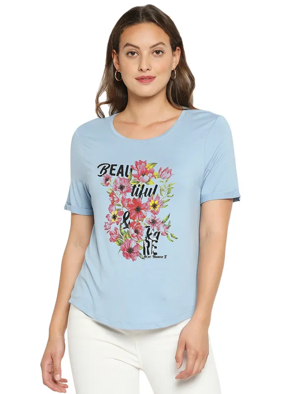 Being Human Boxy Fit  Women Crew Neck T-Shirts-Airy Blue