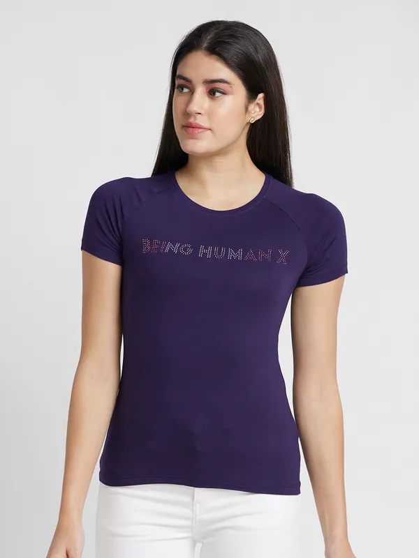 Being Human Clothing Women slim Fit Crew Neck T-Shirts-Navy