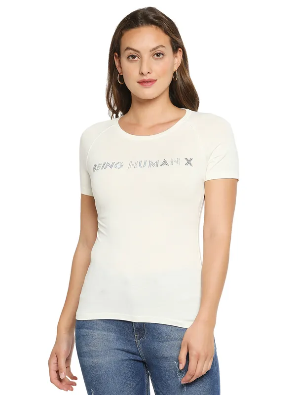 Being Human Clothing Women slim Fit Crew Neck T-Shirts-White