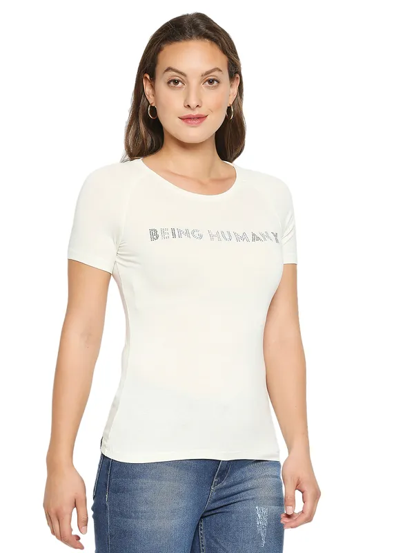 Being Human Clothing Women slim Fit Crew Neck T-Shirts-White