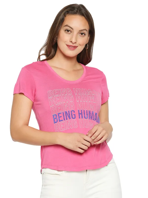 Being Human Clothing Women Easy Fit Crew Neck T-Shirts-Hot Pink