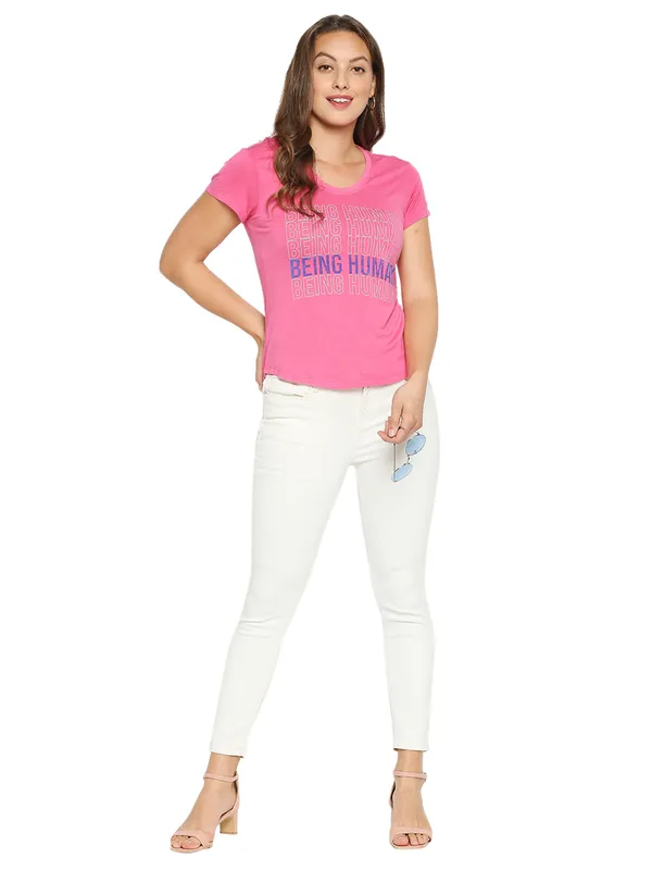 Being Human Clothing Women Easy Fit Crew Neck T-Shirts-Hot Pink