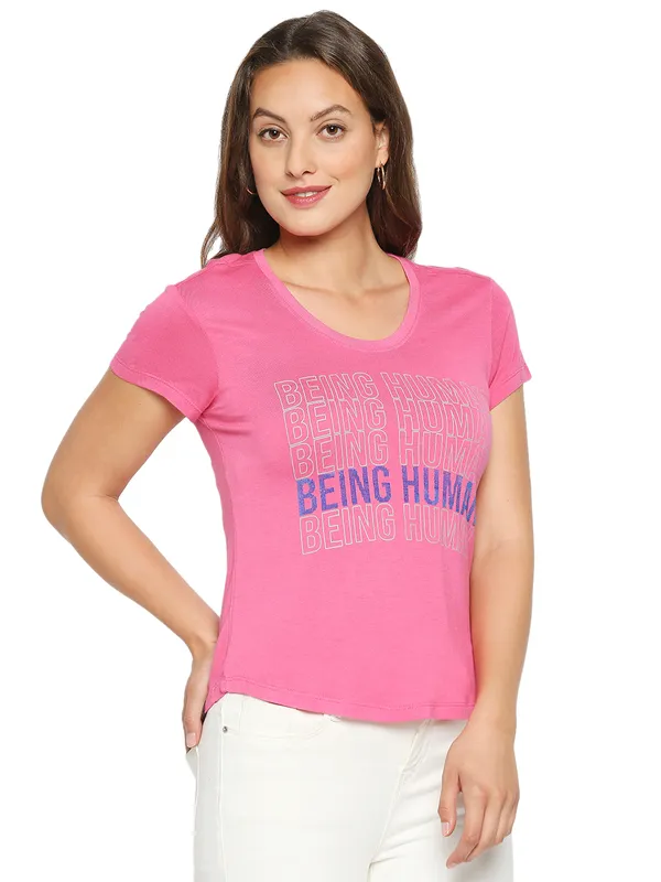 Being Human Clothing Women Easy Fit Crew Neck T-Shirts-Hot Pink