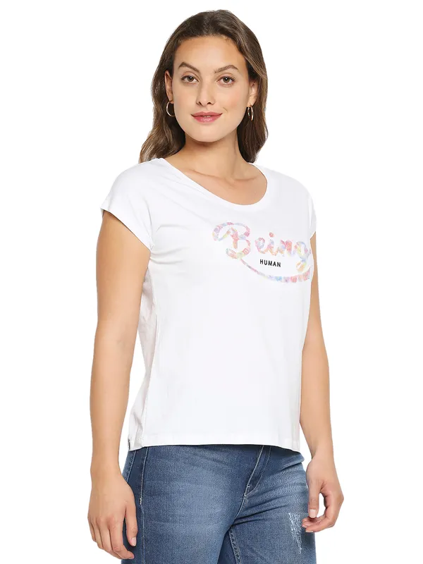 Being Human Clothing Women Easy Fit Crew Neck T-Shirts-White