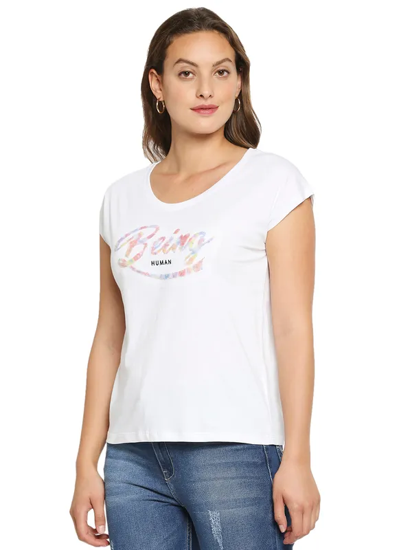 Being Human Clothing Women Easy Fit Crew Neck T-Shirts-White