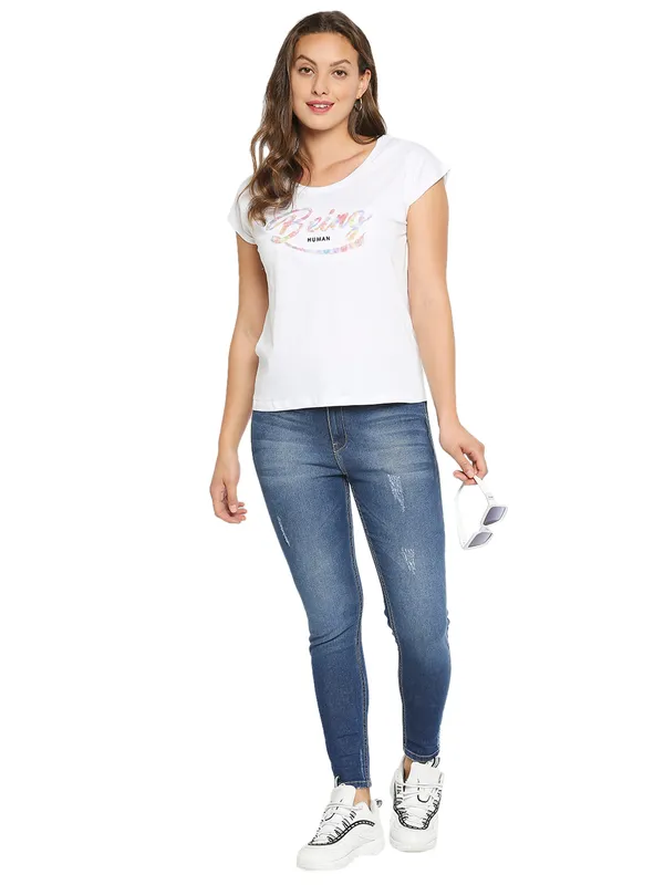 Being Human Clothing Women Easy Fit Crew Neck T-Shirts-White