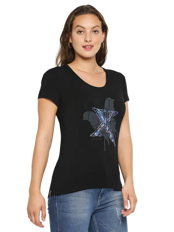 Being Human Clothing Women Easy Fit Crew Neck T-Shirts-Black