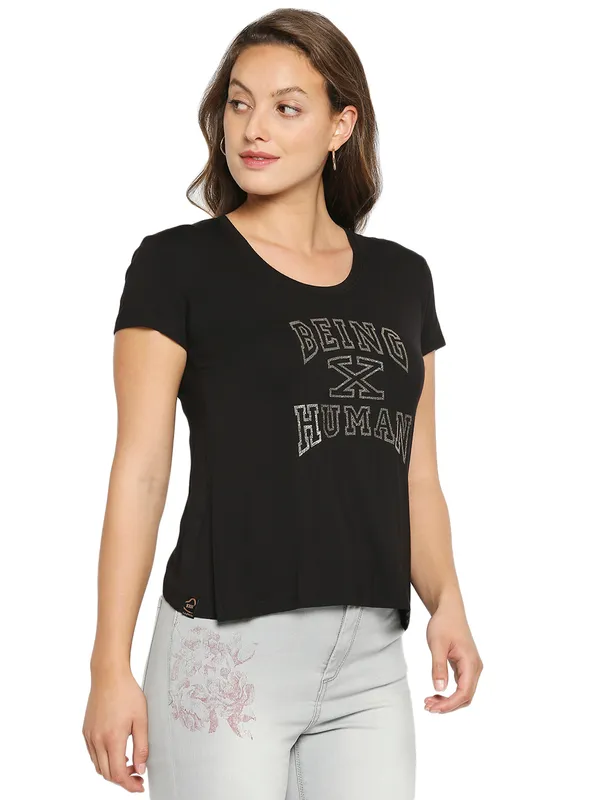 Being Human Easy Fit Women Crew Neck T-Shirts-Black