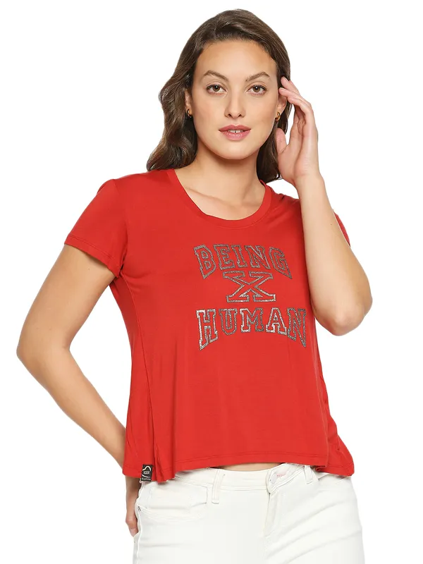 Being Human Easy Fit Women Crew Neck T-Shirts-Oxy Fire Red