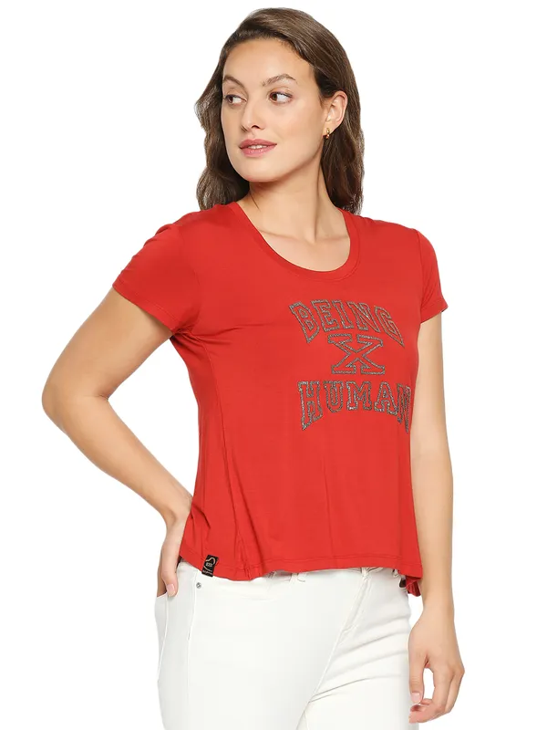 Being Human Easy Fit Women Crew Neck T-Shirts-Oxy Fire Red