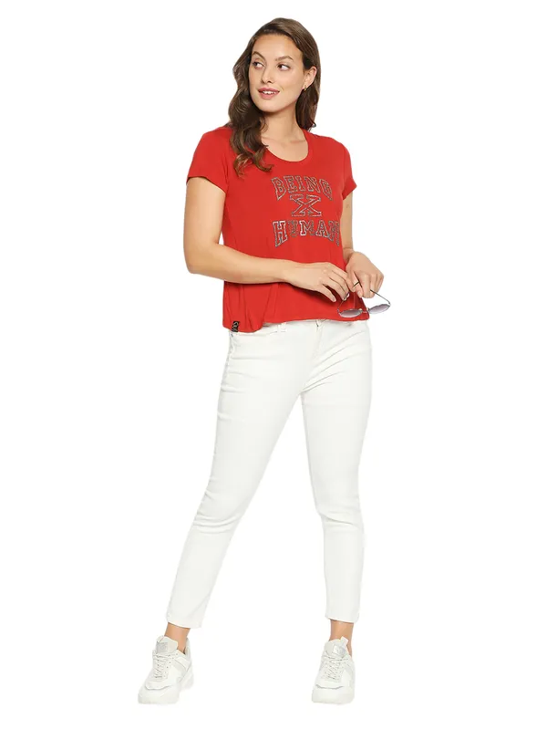 Being Human Easy Fit Women Crew Neck T-Shirts-Oxy Fire Red