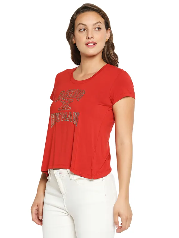 Being Human Easy Fit Women Crew Neck T-Shirts-Oxy Fire Red