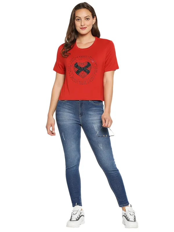 Being Human Boxy Fit  Women Crew Neck T-Shirts-Oxy Fire Red