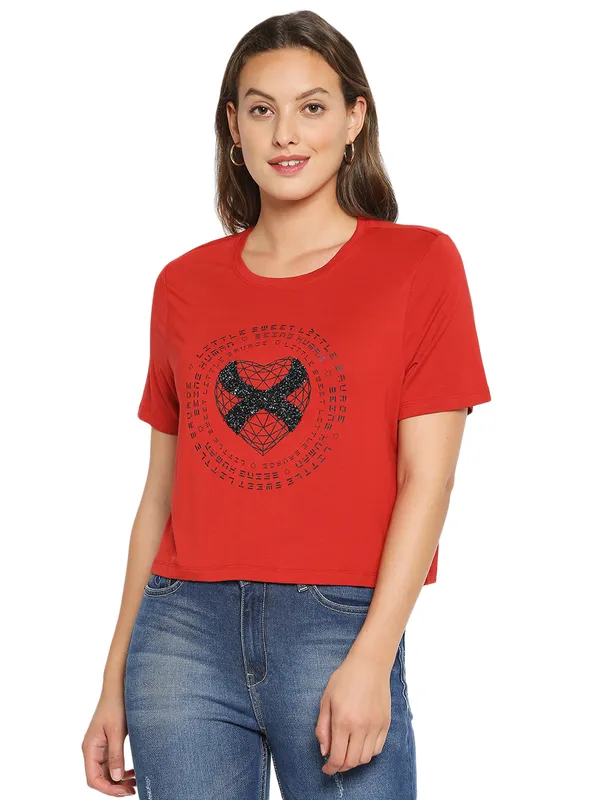 Being Human Boxy Fit  Women Crew Neck T-Shirts-Oxy Fire Red