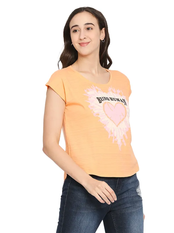 Being Human Clothing Women Easy Fit Crew Neck T-Shirts-Cantaloupe